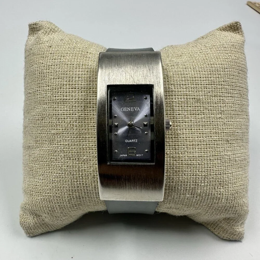 3/$30 Geneva Watch Women Silver Tone Long Rectangle Case Purple Dial  9